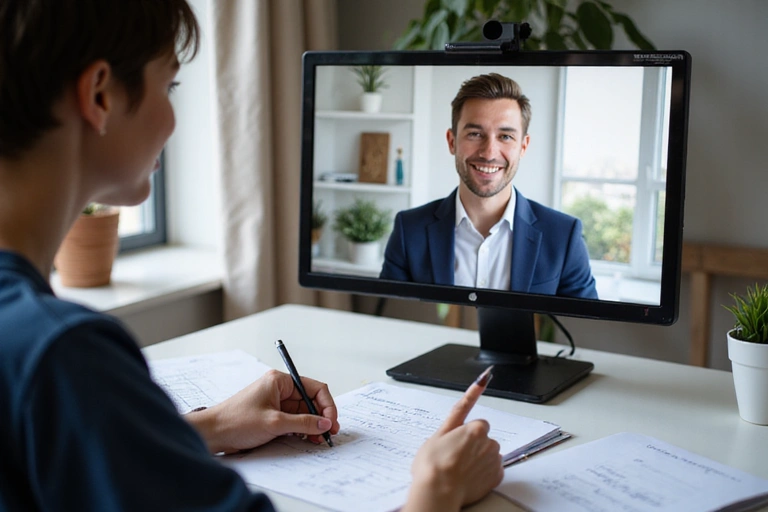 Persona che prende appunti durante una videochiamata di consulenza