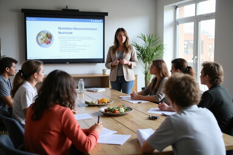Gruppo di persone che partecipano a un workshop di nutrizione, ascoltando un relatore