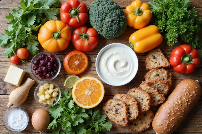 Varietà di alimenti sani e specifici per diete con restrizioni